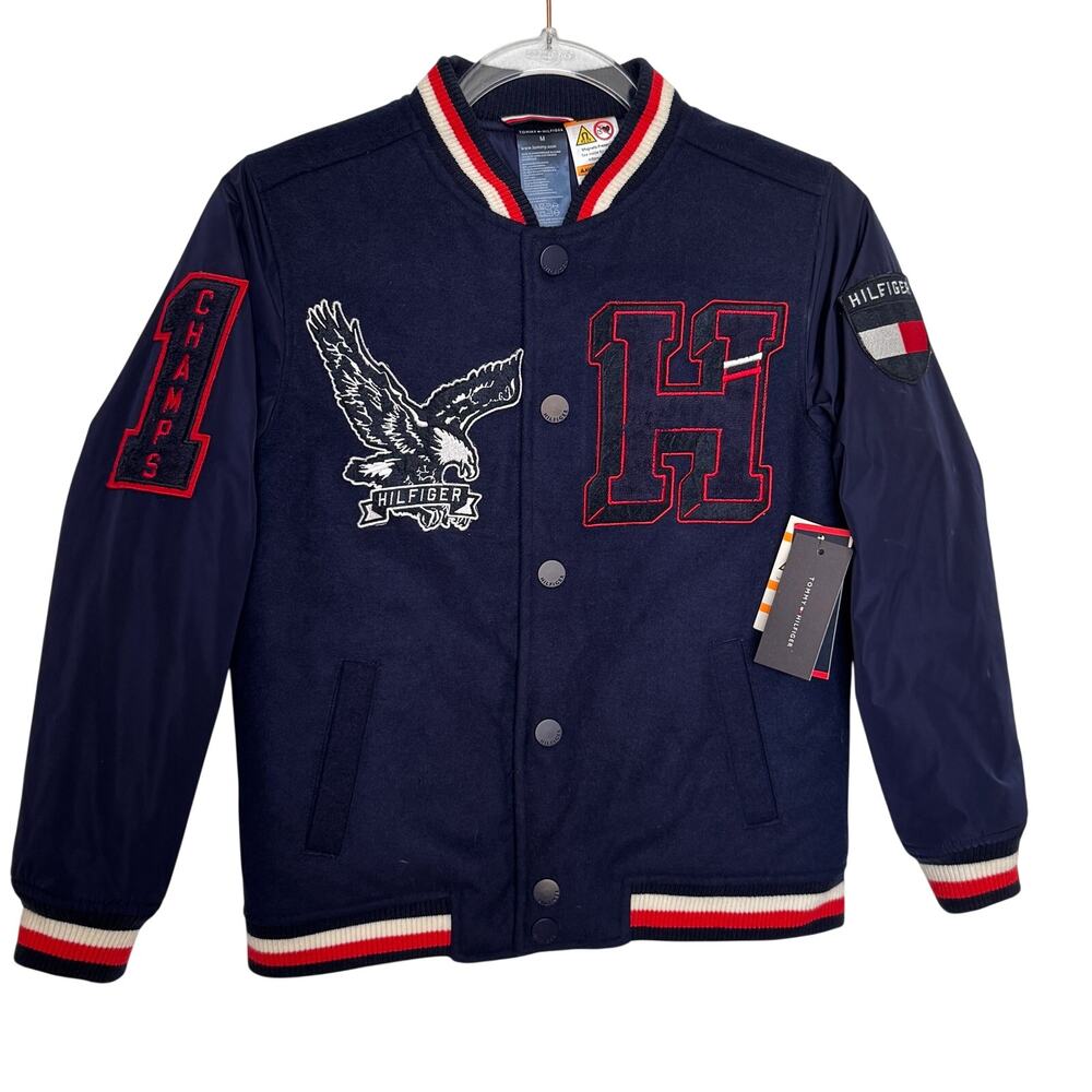 2018 Tommy Hilfiger Varsity Bomber Jacket Magnetic Closure NWT Navy Kids M 10-12